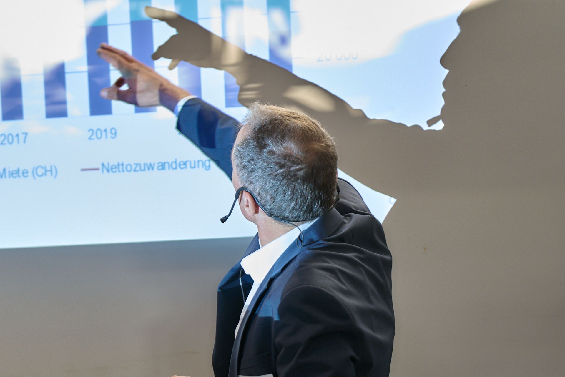 Ein Mann im Anzug zeigt auf ein Diagramm auf einem Bildschirm.