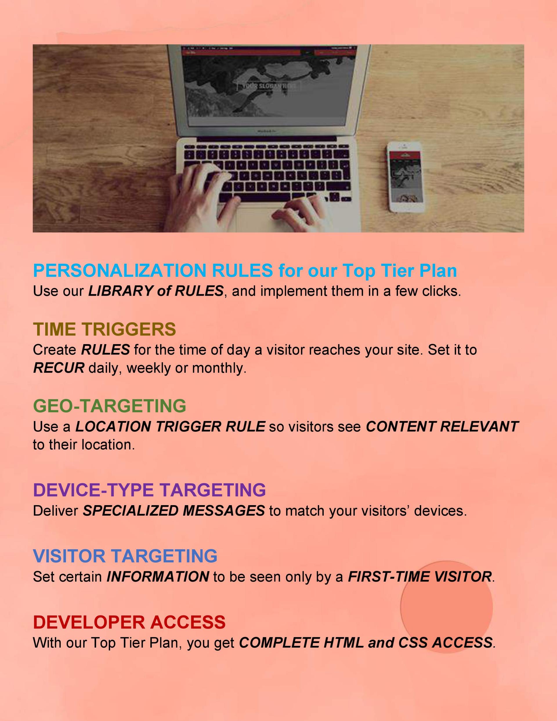Why Churchweb Canada? Personalization rules for our top tier plan, Time triggers, Geo-targeting, Device-type targeting, Visitor targeting, Developer access