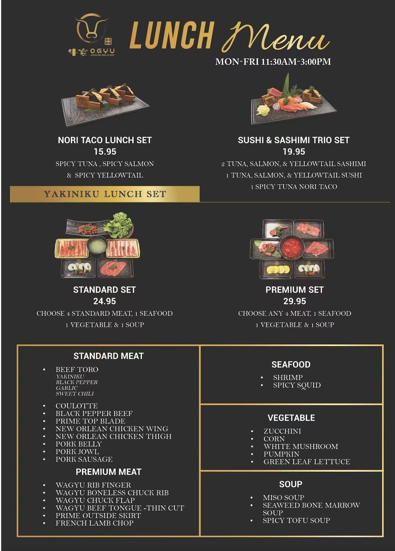 Dark lunch menu board with photos of bento dishes, sections, prices, and black-and-gold design