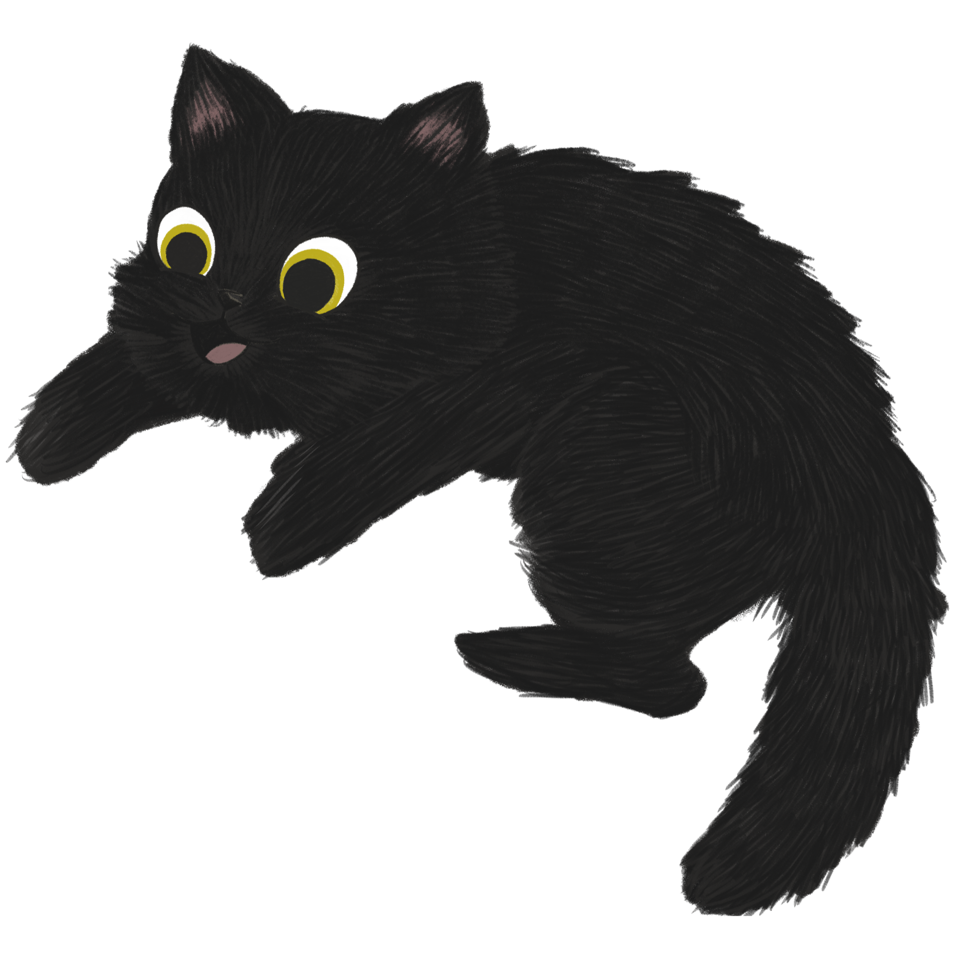 Black cat with large yellow eyes and open mouth, in a playful pose.