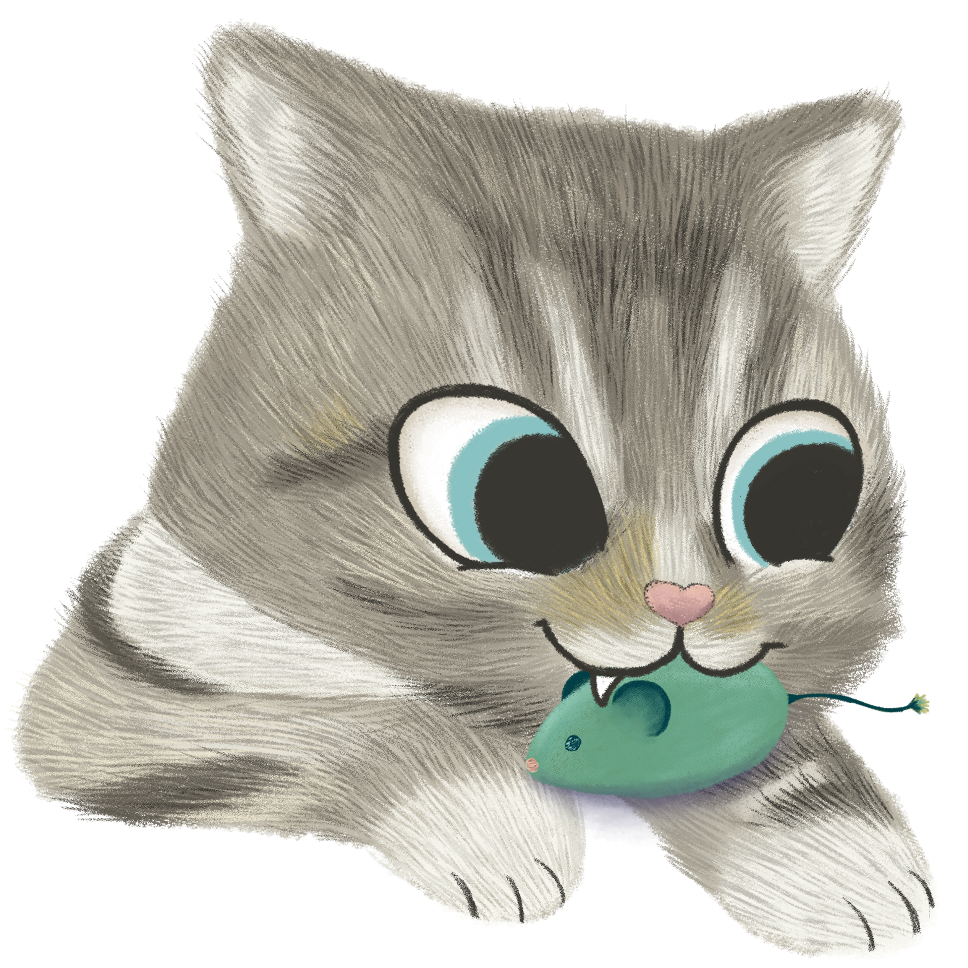 Cute gray tabby cat with blue eyes, holding a green mouse in its mouth.