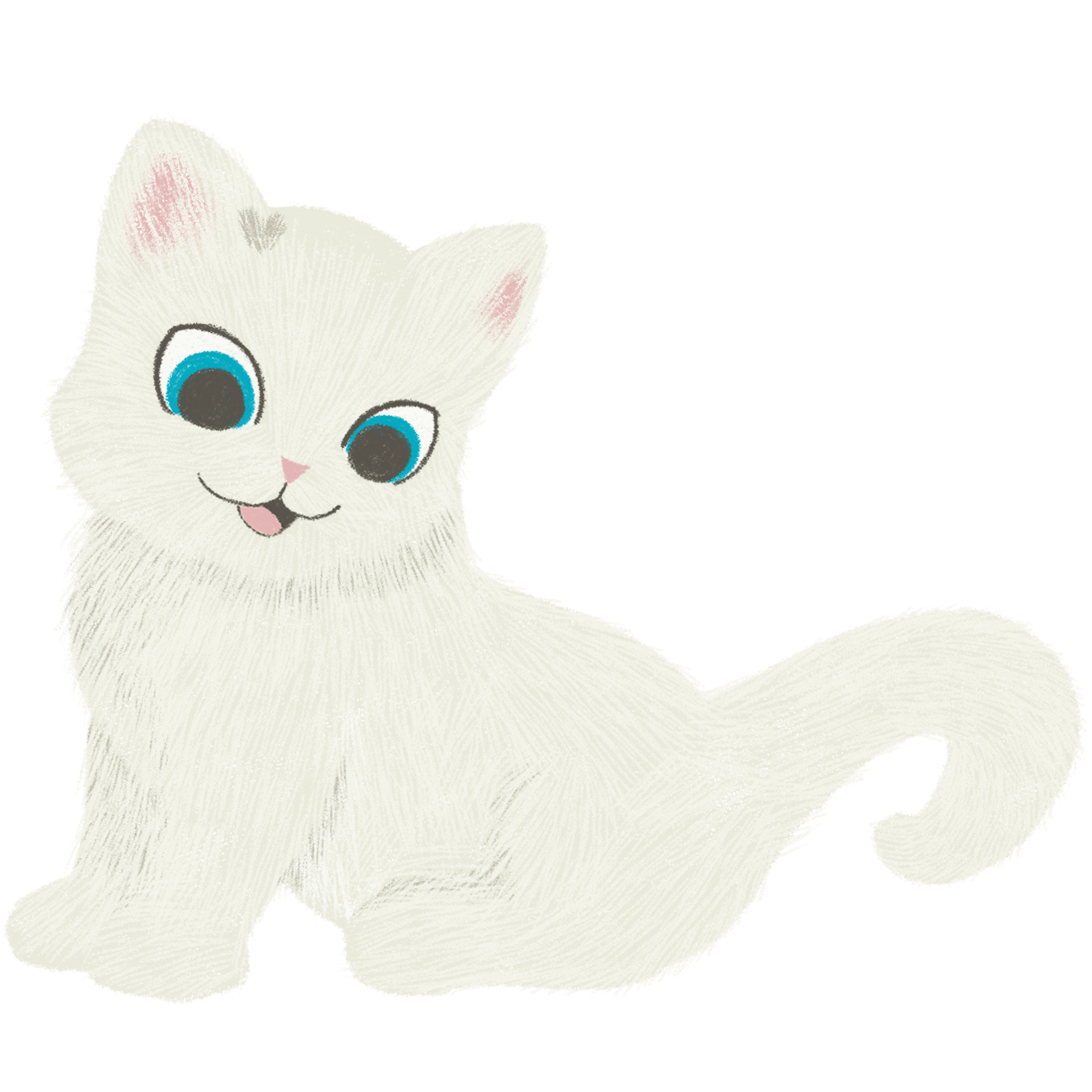 White kitten with blue eyes and pink inner ears, sitting with a curved tail.