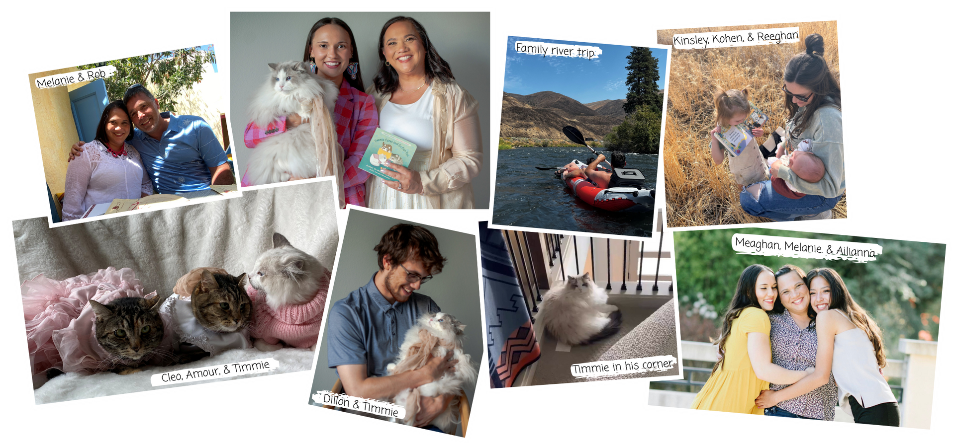 Collage of photos: people with cats, kayaking, playing with a child, and hugging.