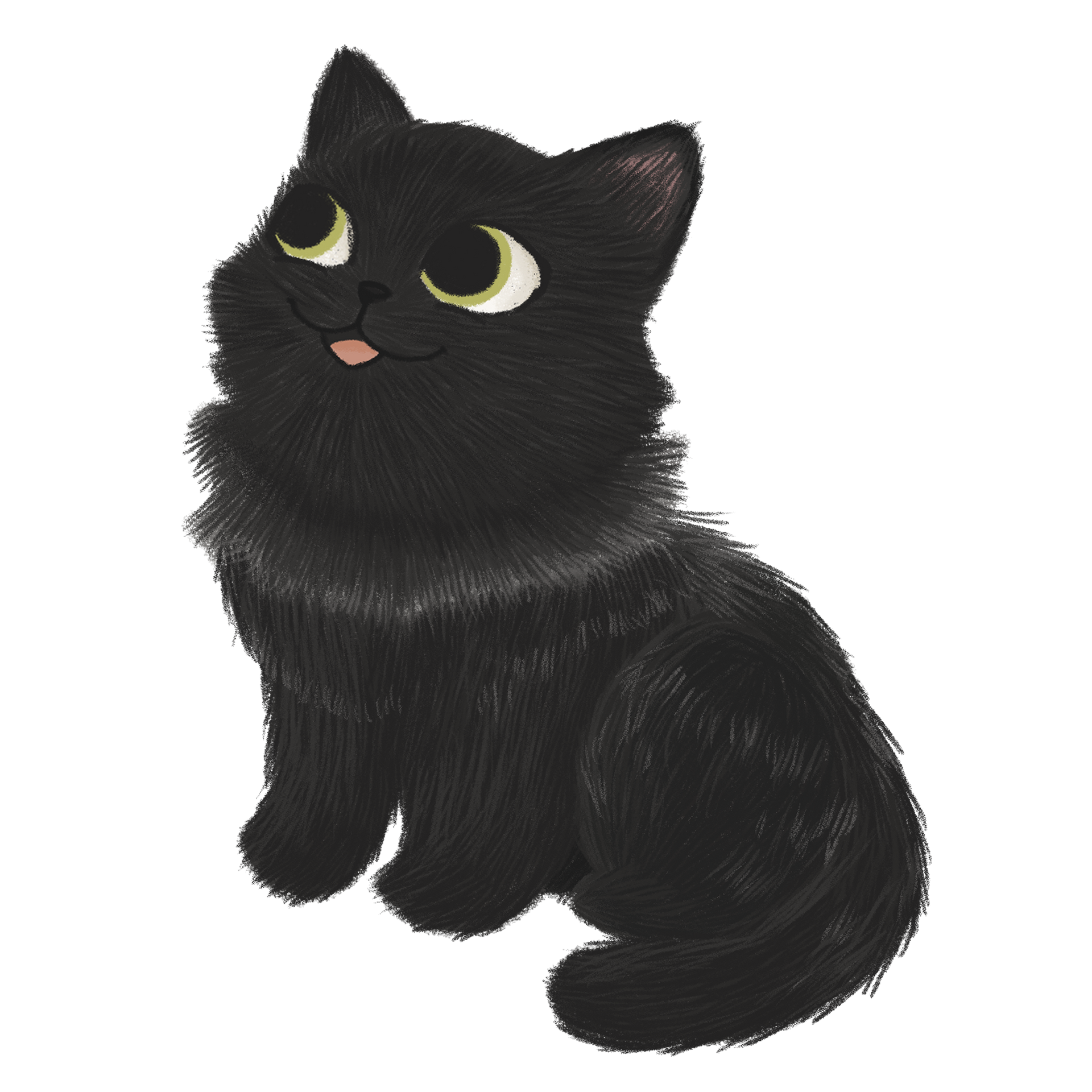 Fluffy black cat with light green eyes looking up, tongue out.