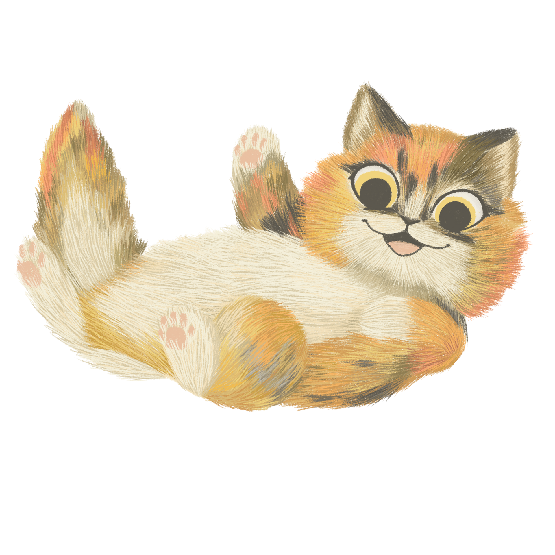 Calico cat lying on back, paws up, smiling.