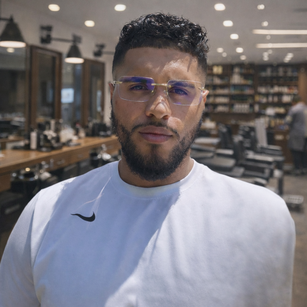 Man with glasses and beard in barbershop, wearing a white shirt, looking at the camera.