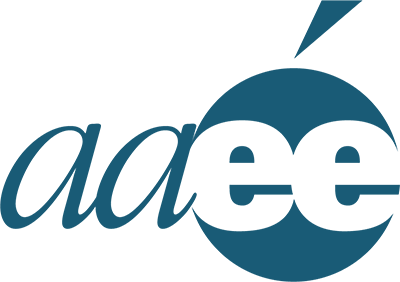 A blue and white logo for aee on a white background