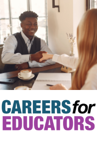 A man shaking hands with a woman in front of a sign that says careers for educators