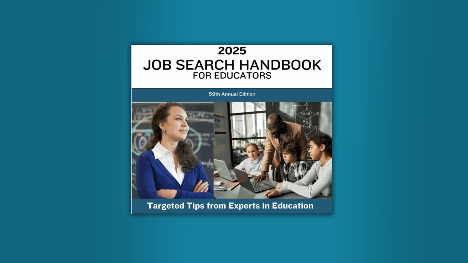 A job search handbook for educators is shown on a blue background.