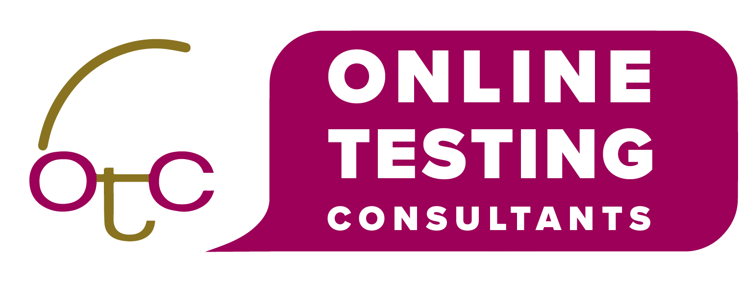A logo for online testing consultants with a speech bubble.