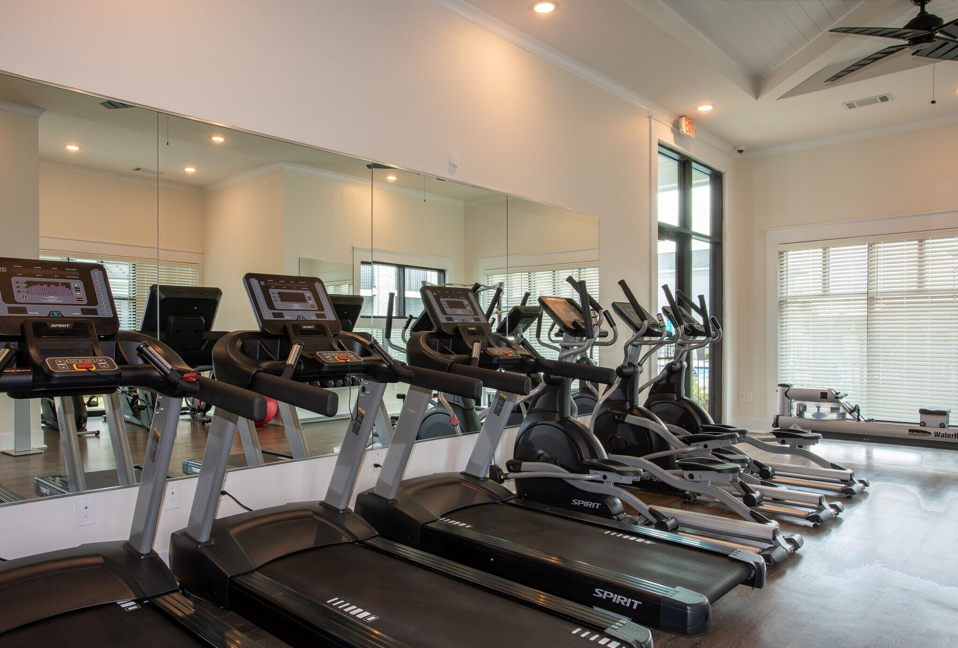 Gym with treadmills and elliptical machines, mirrors on wall, and windows.