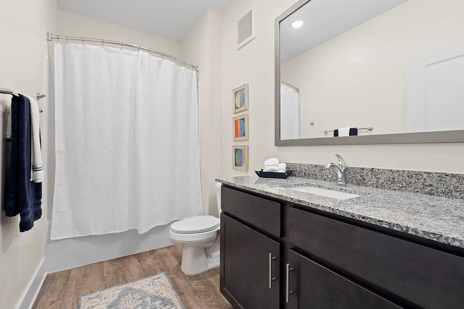 Bathroom with dark wood vanity, granite countertop, large mirror, toilet, and shower curtain at Graces Reserve Apartments in Kannapolis, NC.