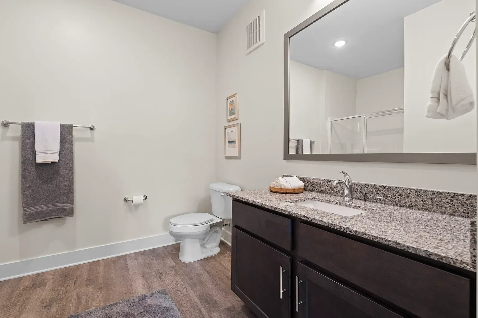 Modern bathroom with granite countertop, dark wood vanity, and towel bar at Graces Reserve Apartments in Kannapolis, NC.