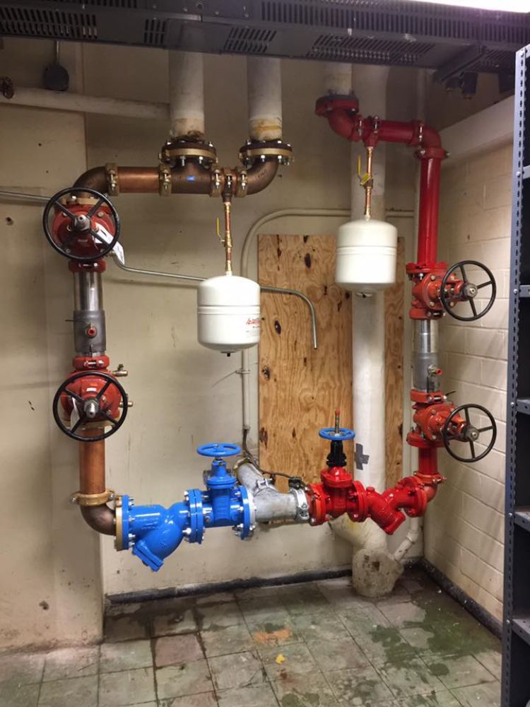 A room with a lot of pipes and valves on the wall
