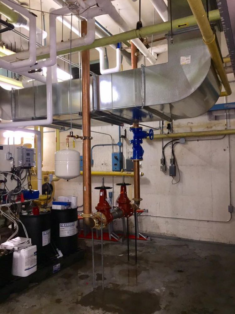 A room with a lot of pipes hanging from the ceiling