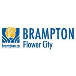 The logo for brampton flower city is blue and yellow