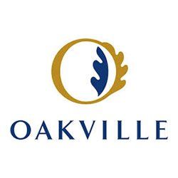 The logo for oakville is a circle with a blue leaf in it.