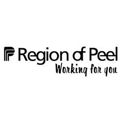 The logo for region of peel is black and white and says `` region of peel working for you ''.
