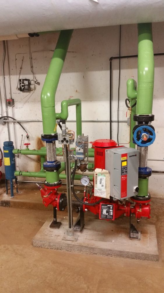 A room filled with green pipes and red valves.