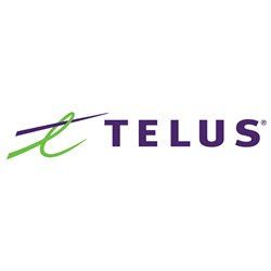 The telus logo is purple and green with a green arrow.