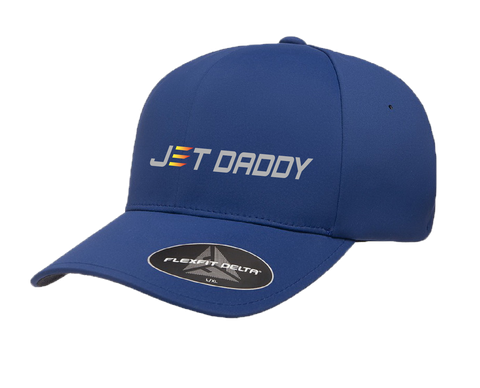 A blue baseball cap that says jet daddy on it