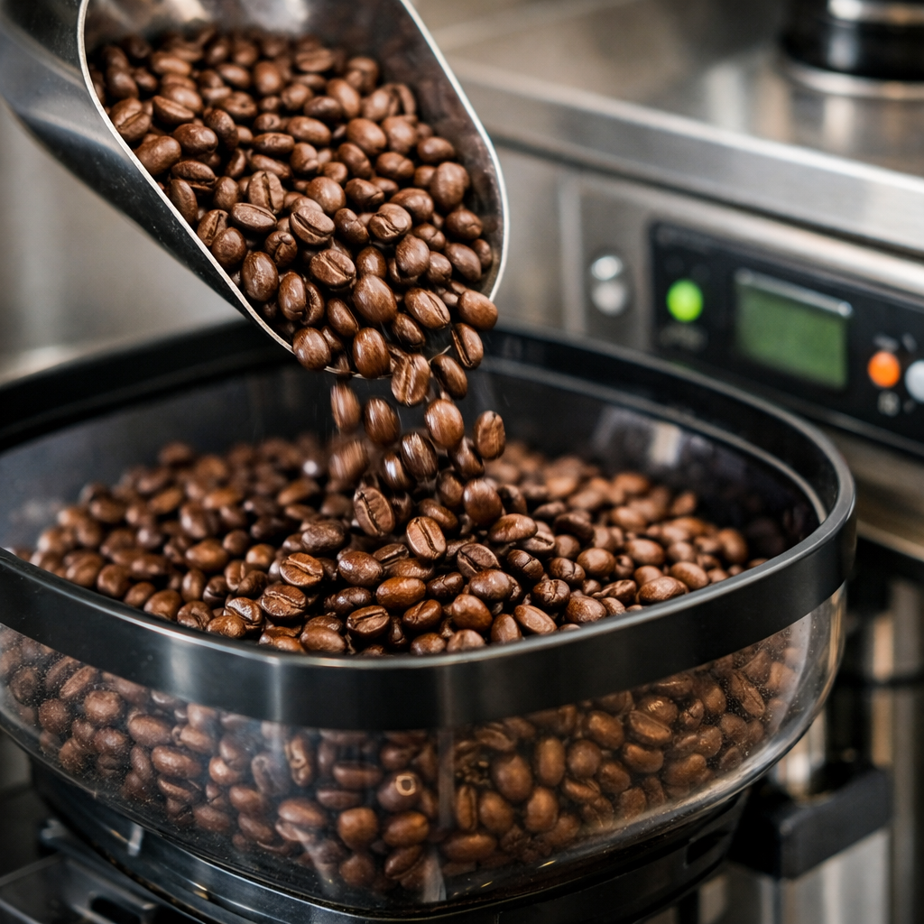 Coffee beans pouring into brewer