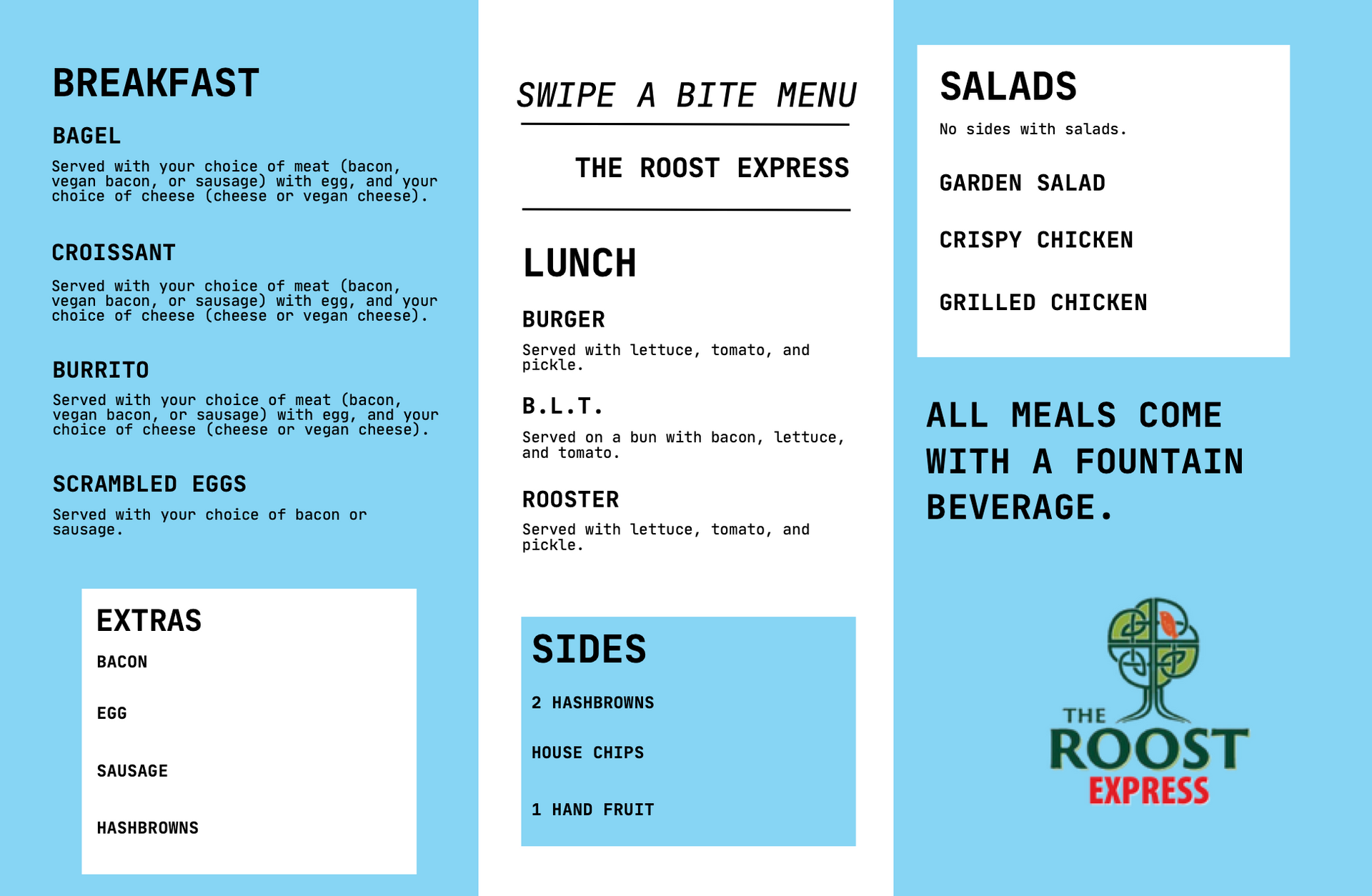 Tri-fold menu for The Roost Express with breakfast, lunch, sides, and salad options. Blue background with white text.