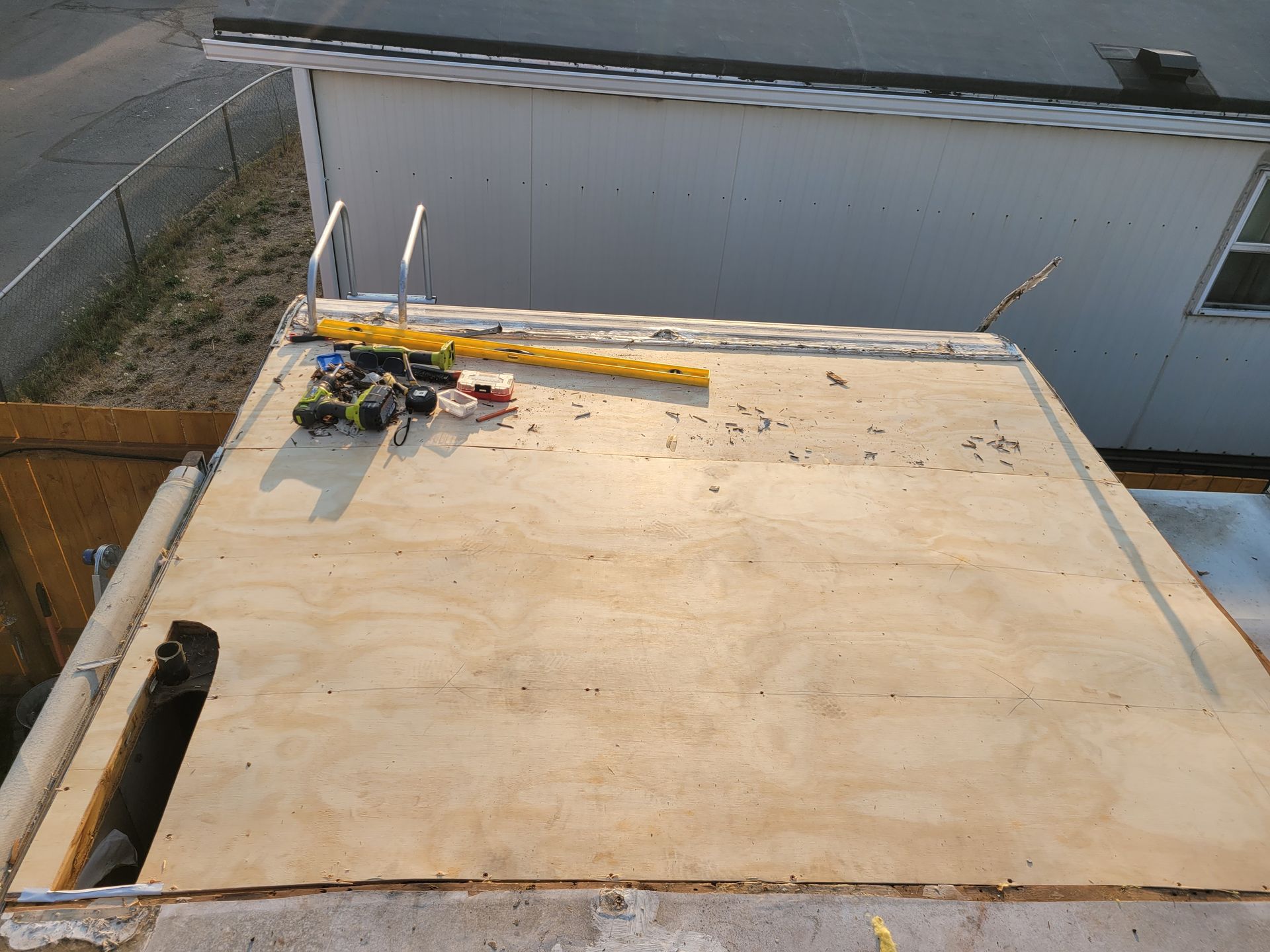 A roof with a lot of tools on it