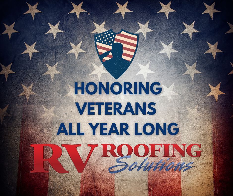 RV Roofing Solutions ad honoring veterans, blue shield with a soldier silhouette against an American flag background.