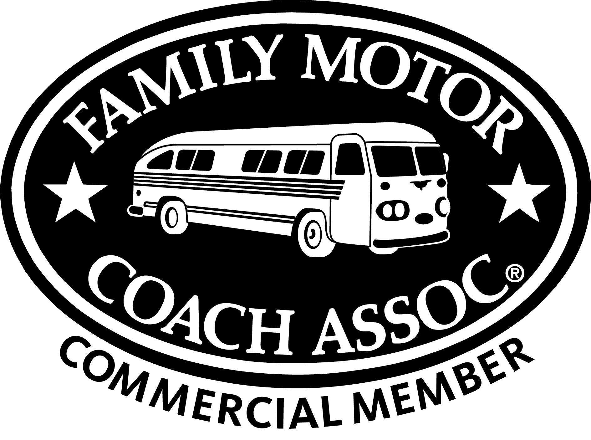 A black and white logo for a family motor coach association commercial member.