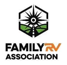 Logo for Family RV Association: Compass over road, black and orange text.
