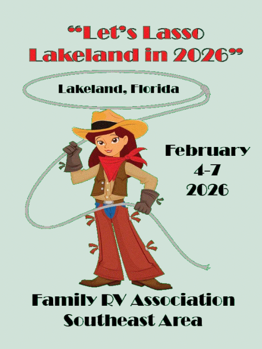 Promotional graphic Grand Design Florida Rally April 2026. Features palm trees at sunset