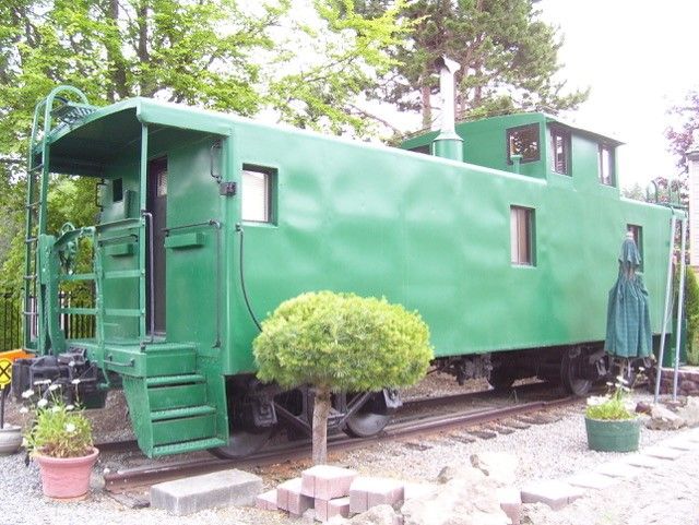 A green train car is parked on the tracks next to a tree.