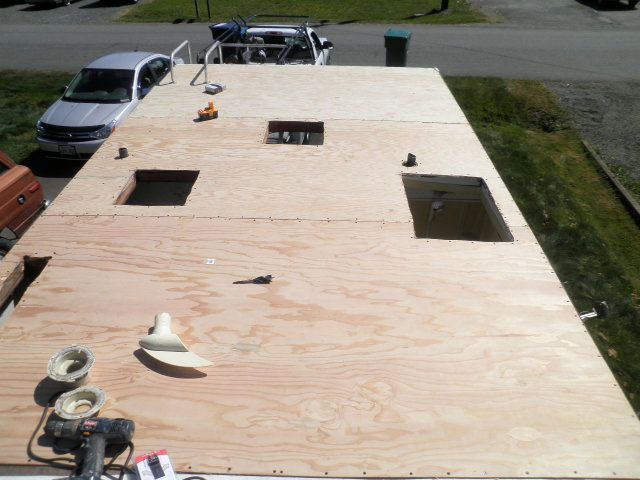 A large piece of plywood is being used as a roof