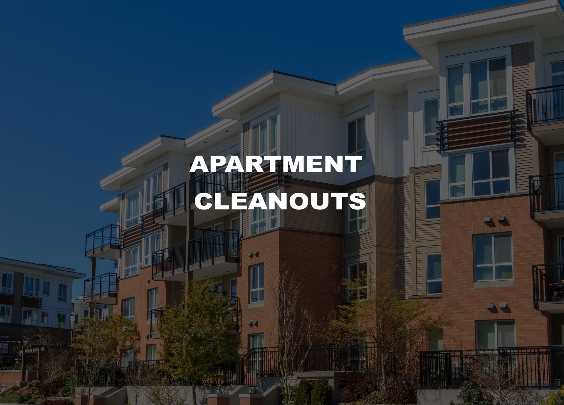 Apartment building with text overlay: