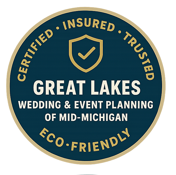 Badge: Great Lakes wedding planning, certified, insured, trusted, eco-friendly. Blue, gold colors.
