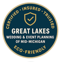 Badge: Great Lakes wedding planning, certified, insured, trusted, eco-friendly. Blue, gold colors.