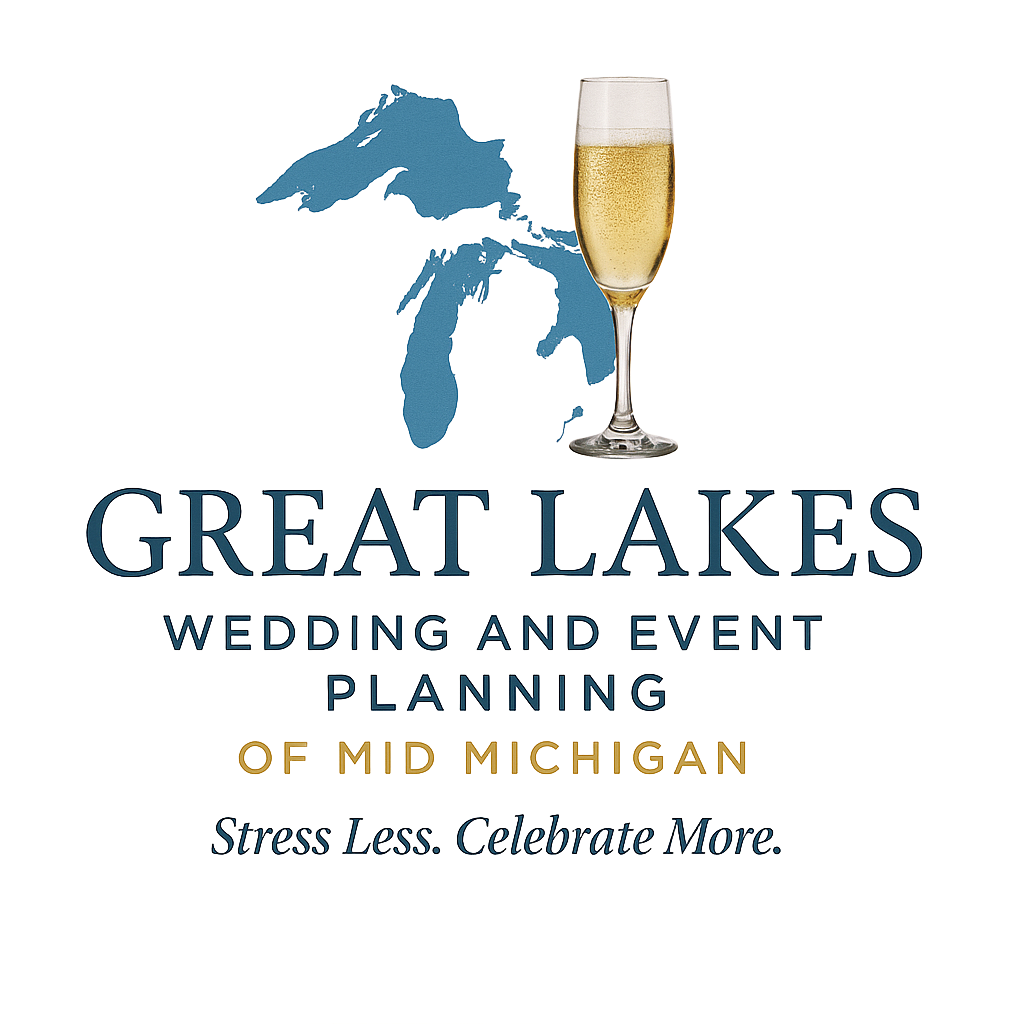 Logo: Blue Great Lakes map, champagne glass, text 