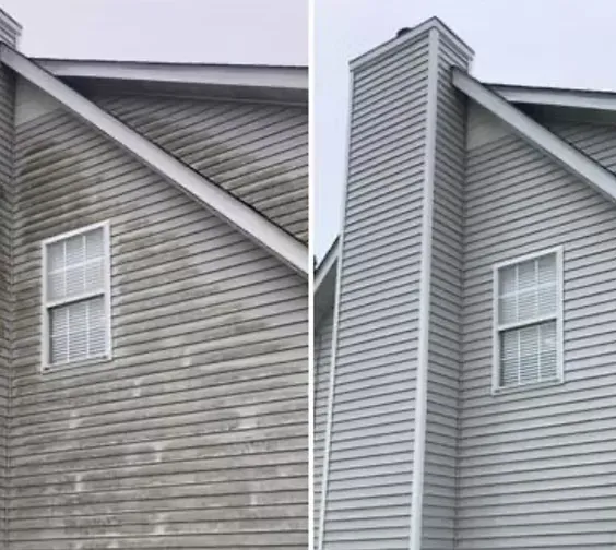 Before-and-after comparison of gray house siding, showing a dirty, algae-covered wall cleaned to a pristine state.