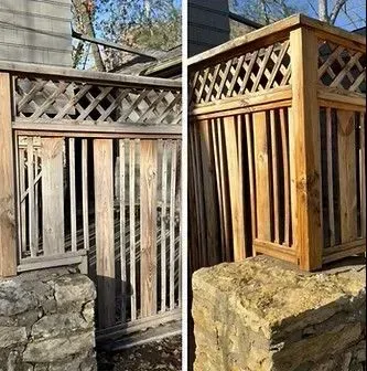 Before-and-after view of a wooden lattice fence section, showing weathered wood restored to a warm, stained finish.
