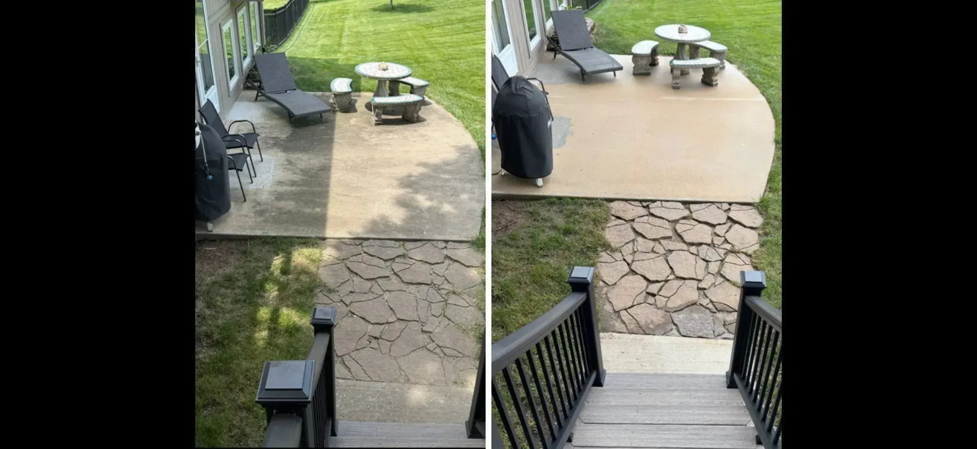 Before and after view of a patio cleaning project, showing the surface transition from stained and dirty to clean and light.