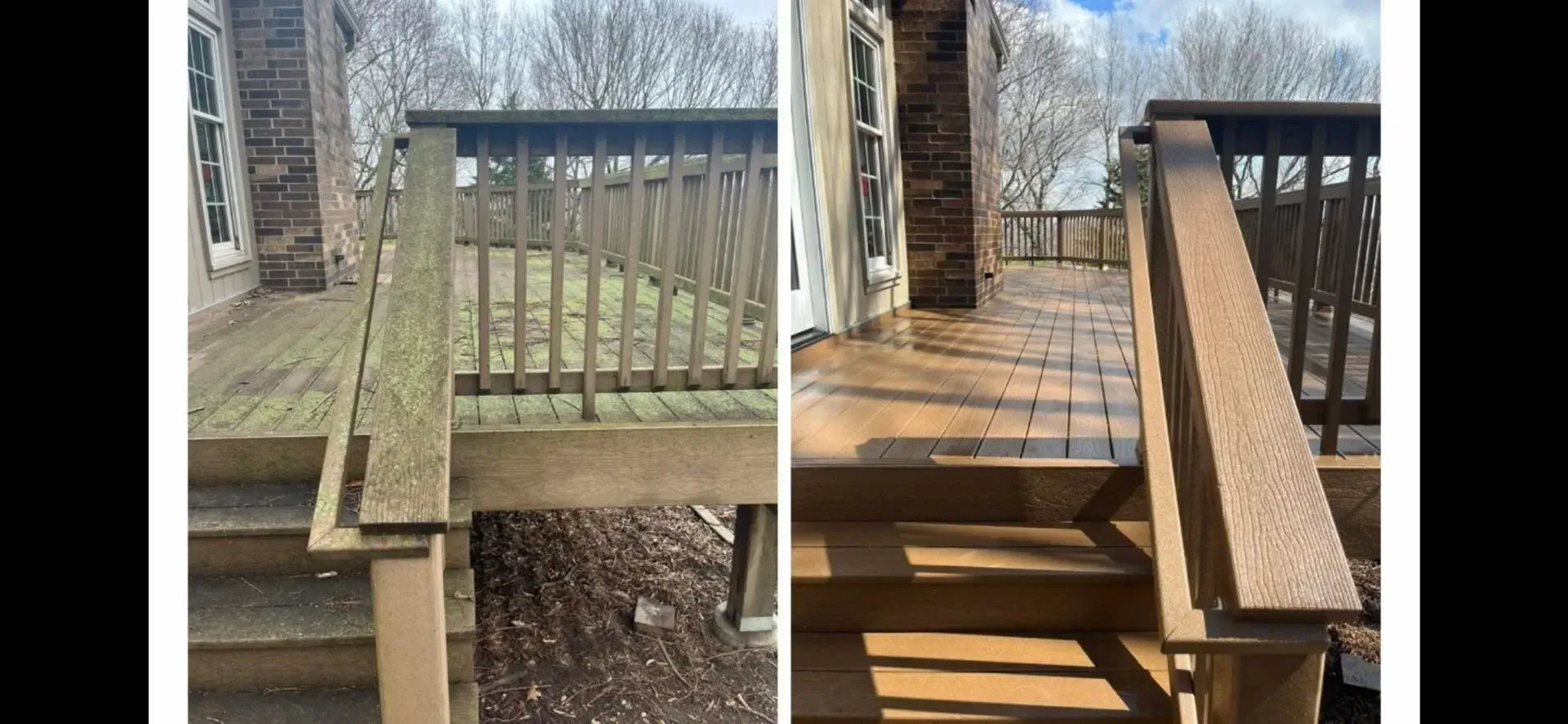 Split view showing a dirty wooden deck before power washing and the same deck clean and stained brown after treatment.