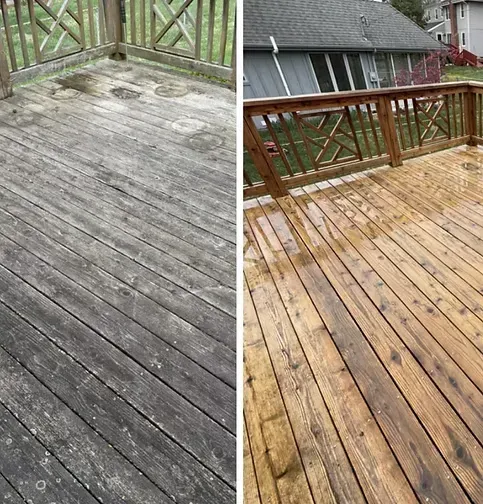 Before and after comparison of a wooden deck, showing the weathered gray surface cleaned and restored to a natural tone.