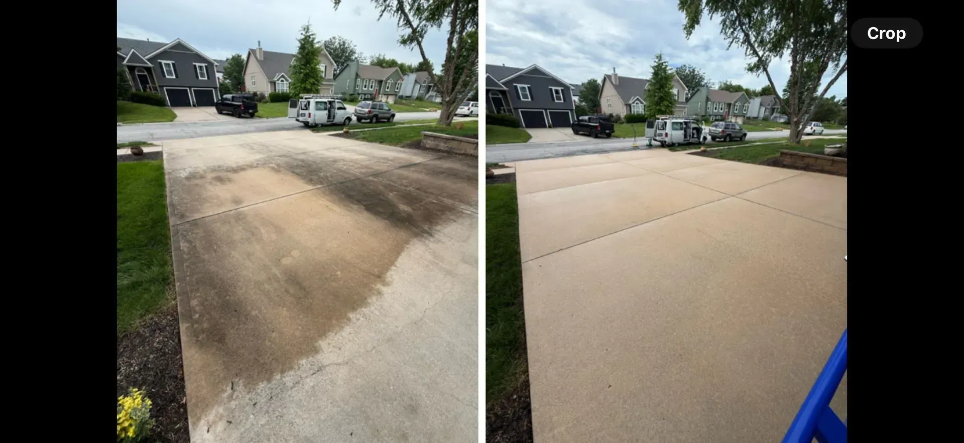 Before-and-after photos of a residential concrete driveway, showing the transformation from dirt-stained to clean.