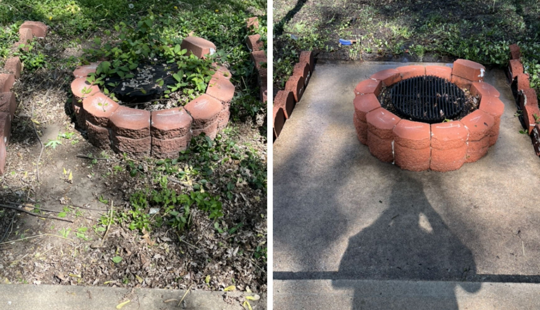 A before-and-after comparison of a brick fire pit area, showing it cleared of weeds and surrounded by a clean concrete pad.