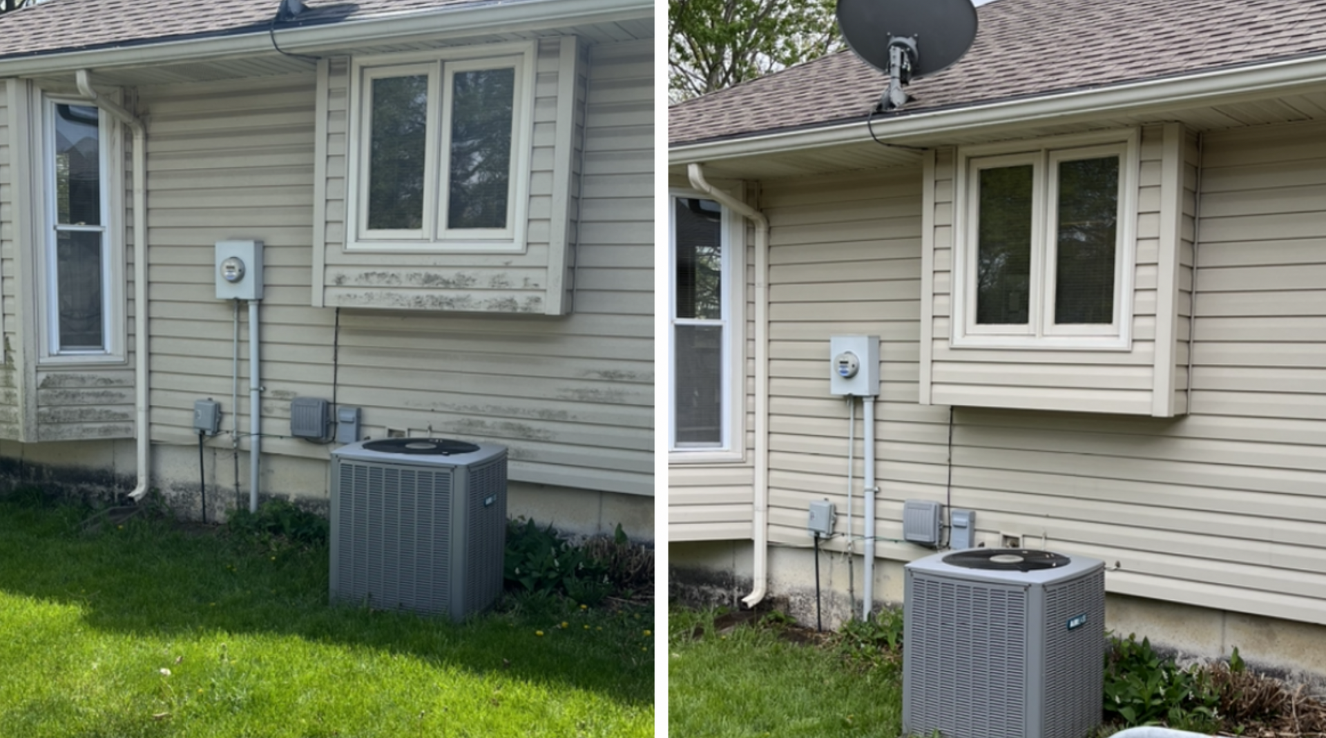 Before and after comparison of house siding showing the removal of grime and dirt, revealing a cleaner, lighter finish.