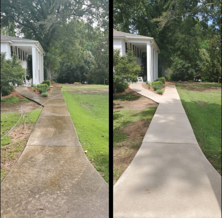 A split-screen comparison showing a sidewalk before and after pressure washing, with a white house in the background.