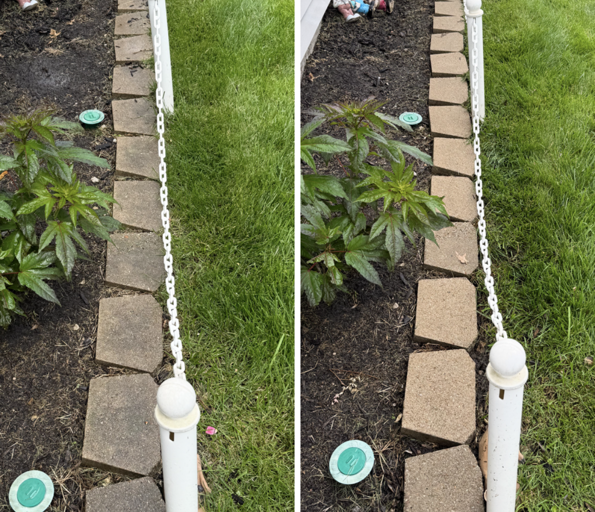 Side-by-side comparison of a garden bed edge bordered by square pavers and a white chain fence, before and after cleaning.
