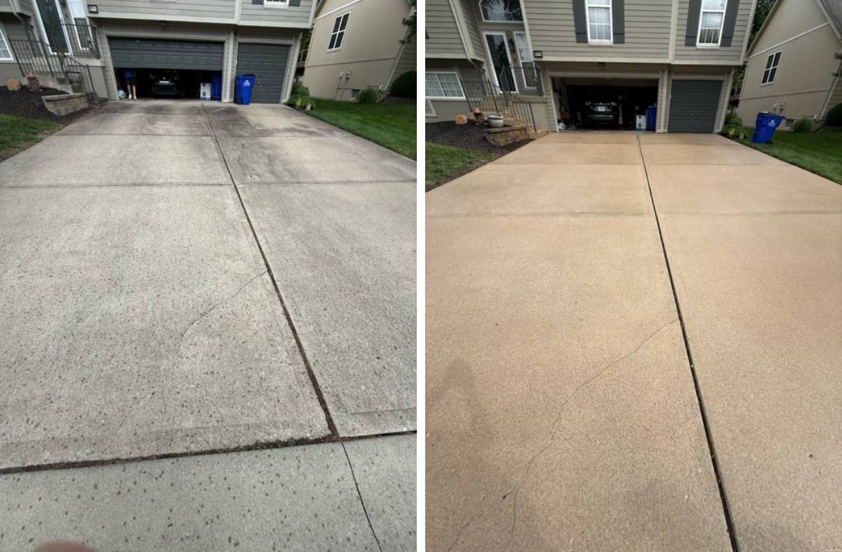 A side-by-side comparison of a residential driveway before and after professional pressure washing.