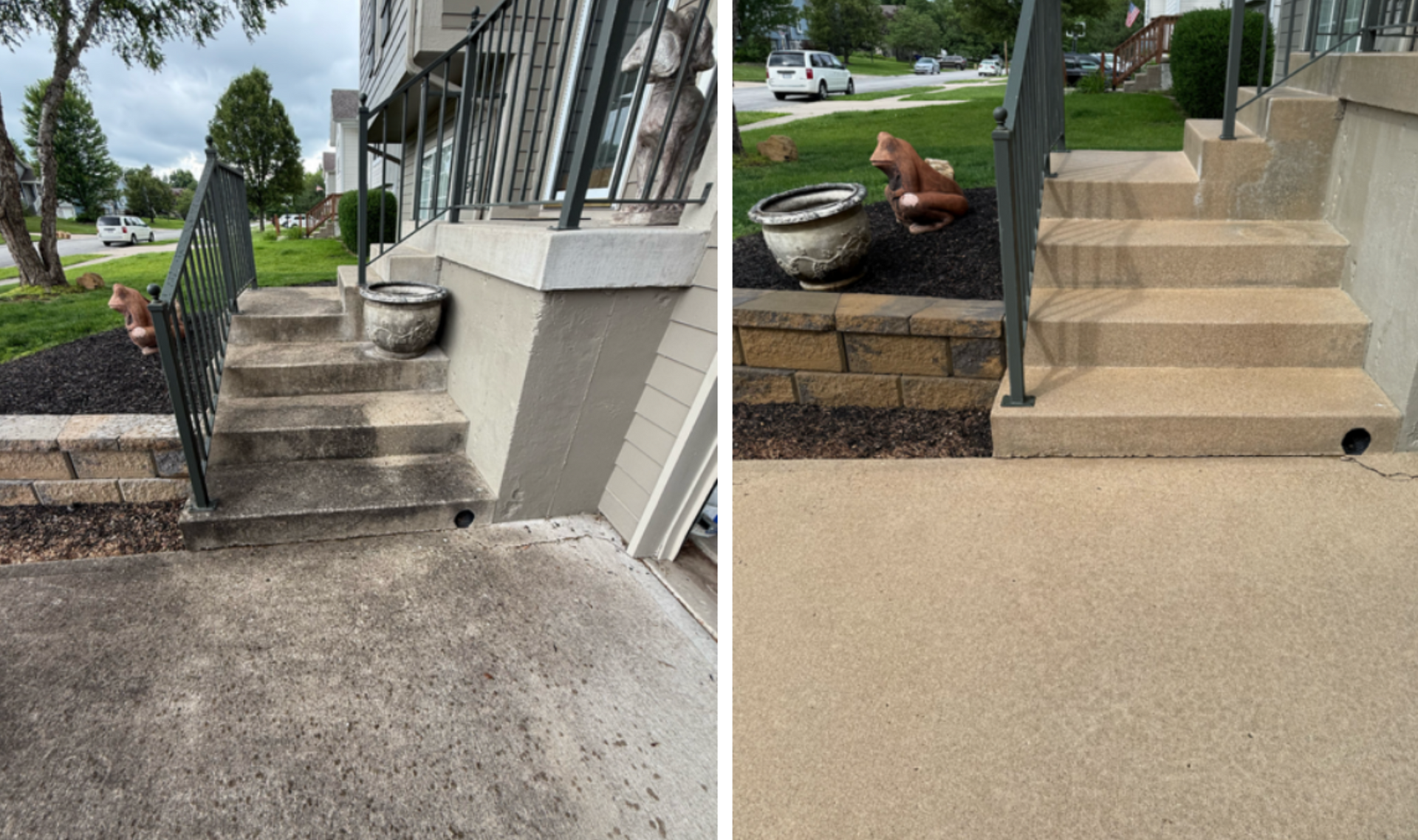 Before and after photos of concrete steps and a driveway patio cleaned to look like new.